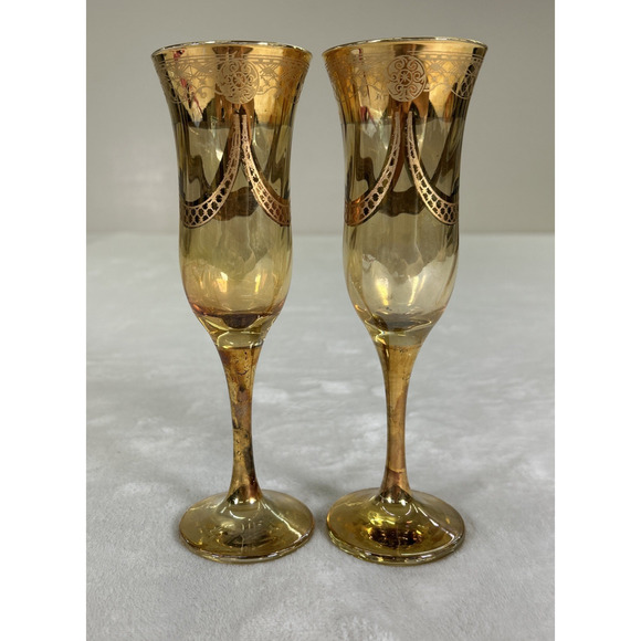 Amber Iridescent 8.25” Glass Flutes with Gold Patterned Overlay Heavy Charity - Picture 3 of 9